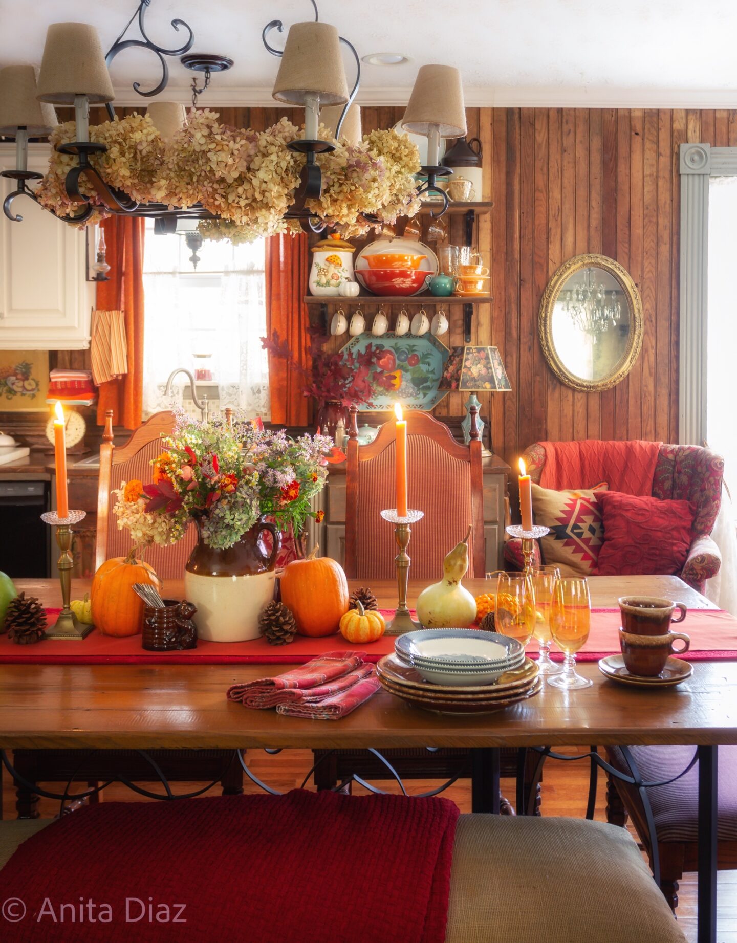 Vintage fall cottage kitchen and dining